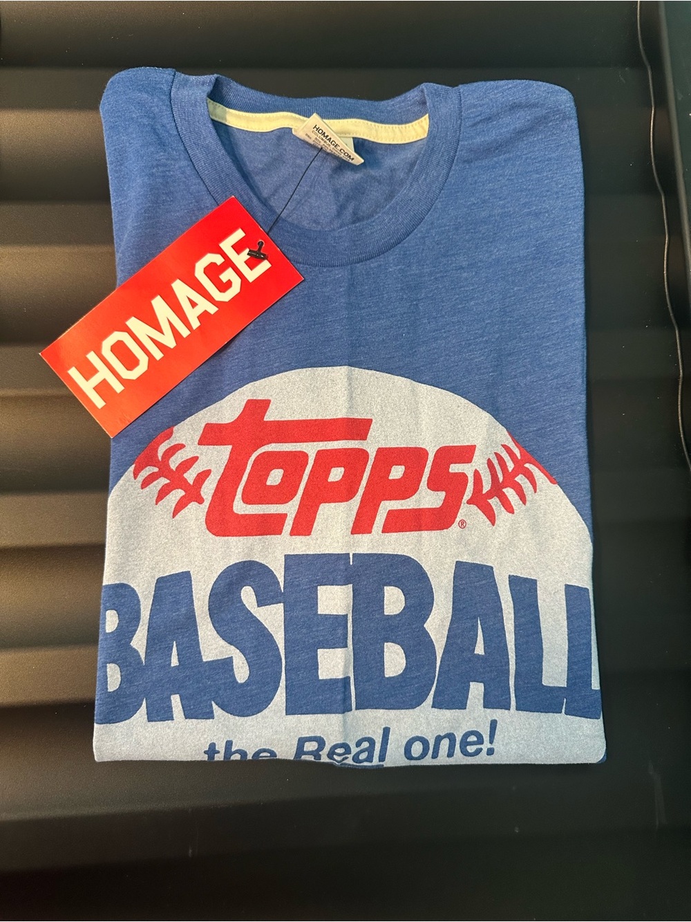 HOMAGE Blue Kids Topps Baseball Graphic Tee with Red Print